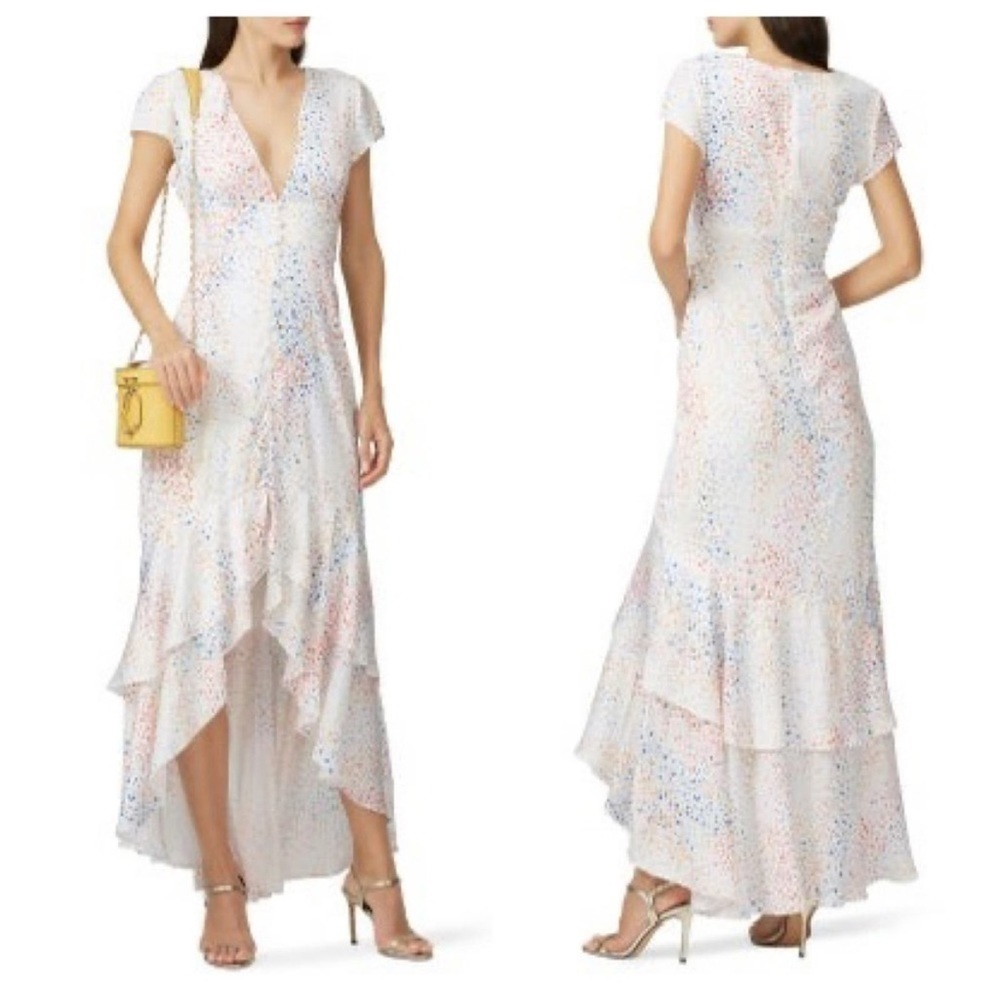 Hutch Multi Color Heart Maxi Dress White Satin Hi Low short sleeves V-neck